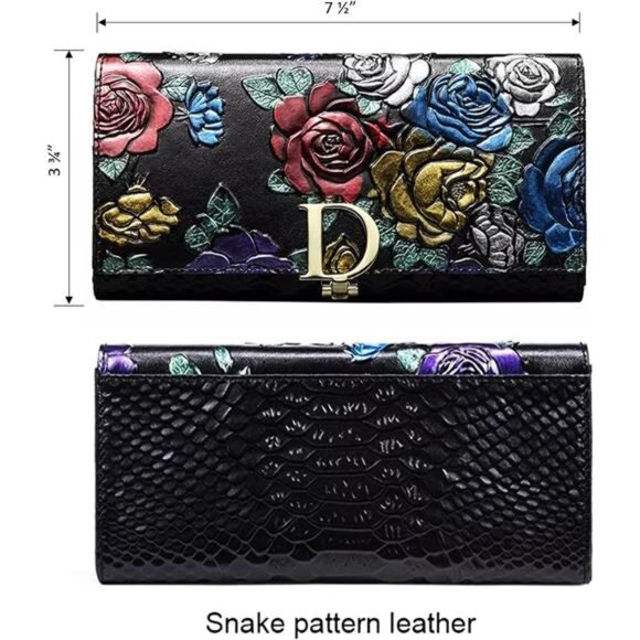 Women Long Wallet Genuine Leather RFID Blocking Floral Hand Painted - Picture 2 of 7